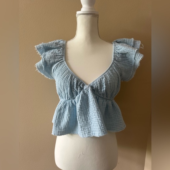 Bucket List Girls Light Blue Ruffle Sleeve Cotton Peplum Top Size Large - Picture 2 of 7